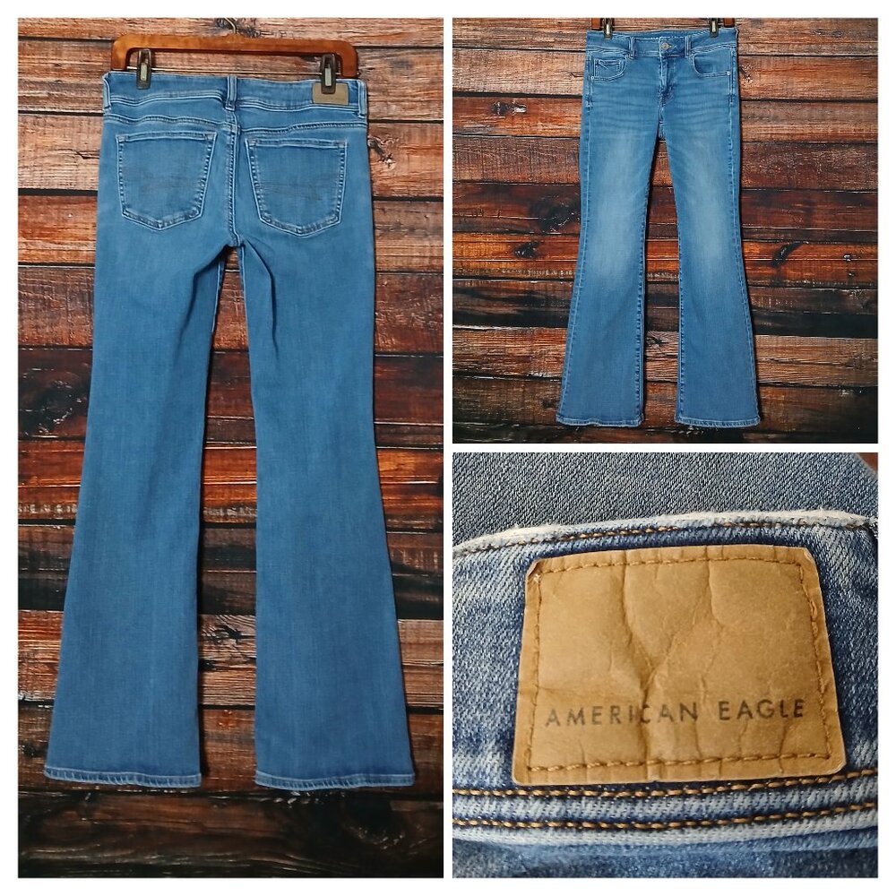 American Eagle Jeans 6 Short Kick Boot Mid Rise Blue Denim Stretch Distressed